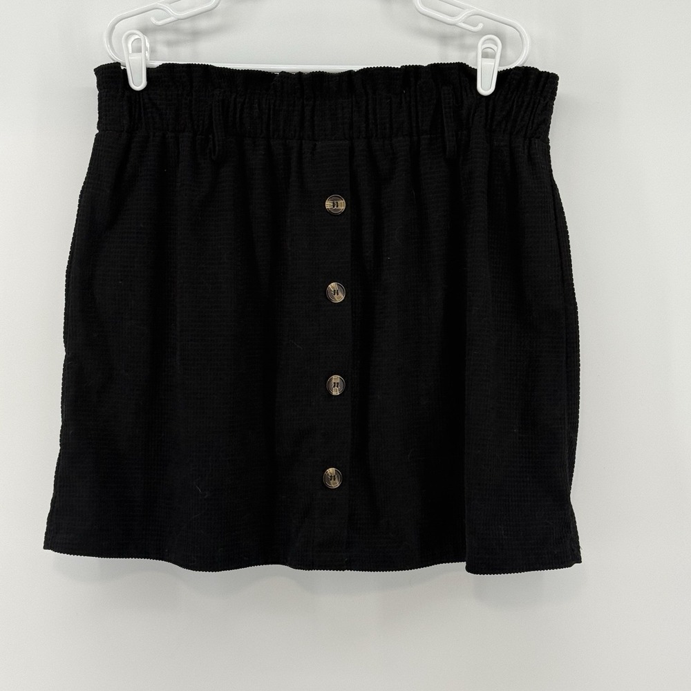 Shein Curve Women's 2XL Button Front Black Waffle Knit Mini Skirt Elastic Waist